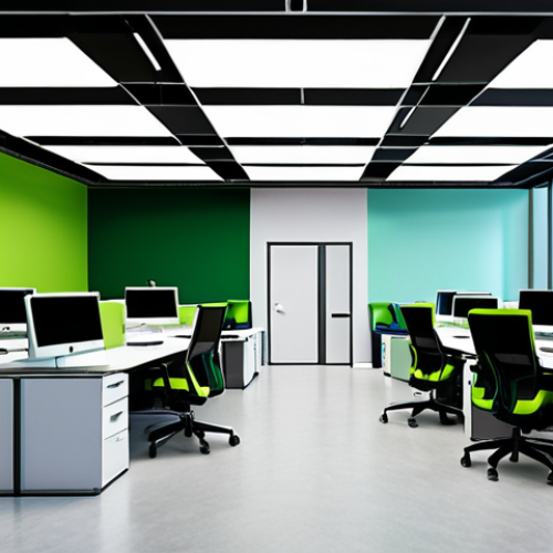 Home 4 **Image Prompt:** A modern office space with blue and green accents, promoting calm and focus. Include diverse employees collaborating and engaging in teamwork, showcasing a positive and productive atmosphere.